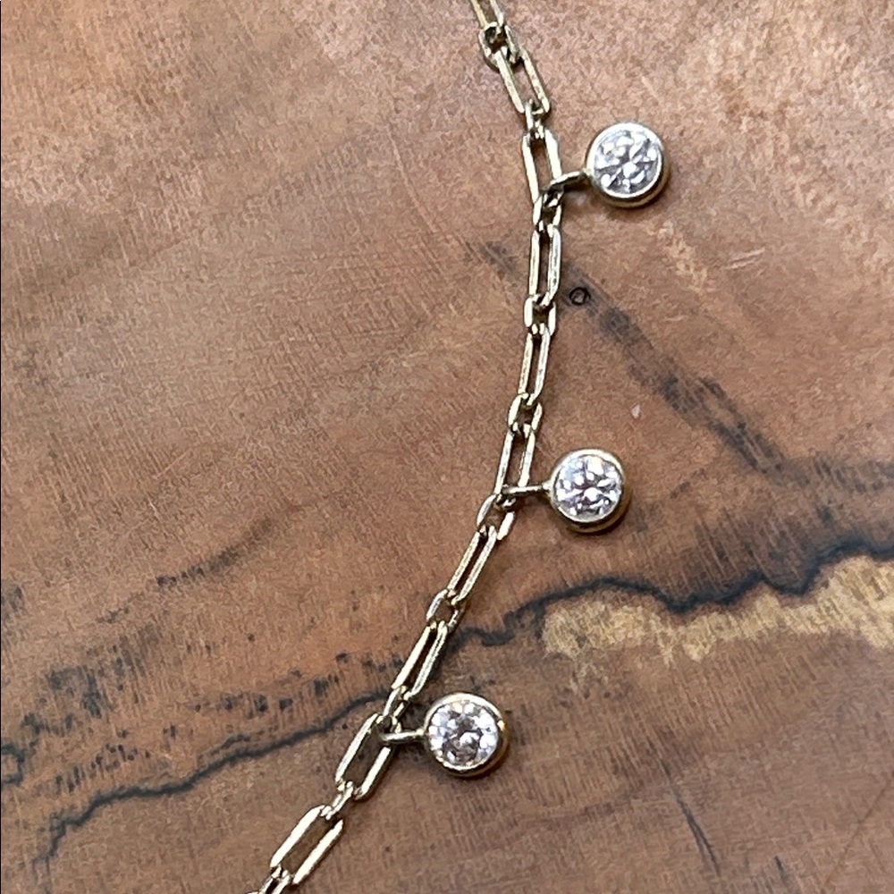 VTG Ankle Bracelet Dangle Crystals 925 Sterling Paperclip Bezel Set Dainty
